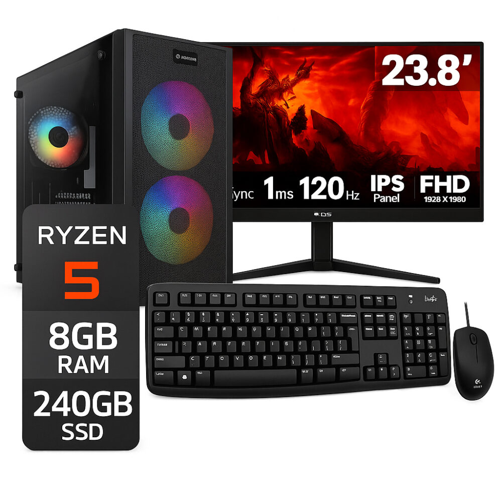 Pc Ryzen 5 5600G / 8Gb Ram / Ssd 240Gb / Monitor Teros 23.8″ 120Hz / Case Enk 3021 + Teclado Logitech