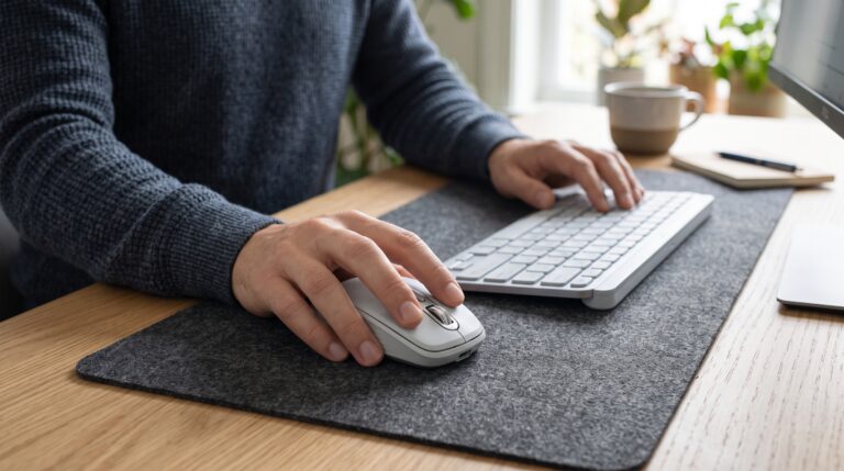 Persona usando el MX Anywhere 3S de Logitech en su escritorio