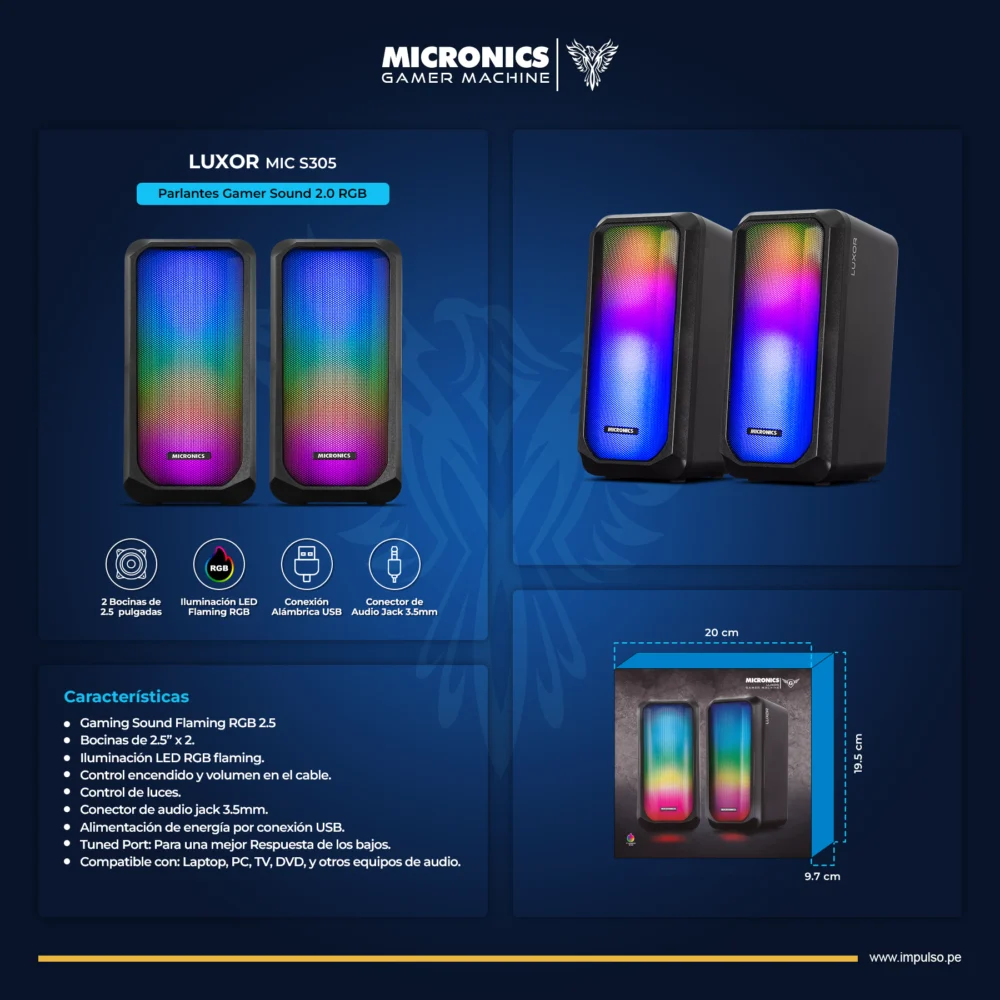 Parlantes Micronics Luxor MIC-S305 2.0 RGB 2.5" – 5W RMS - Imagen 2