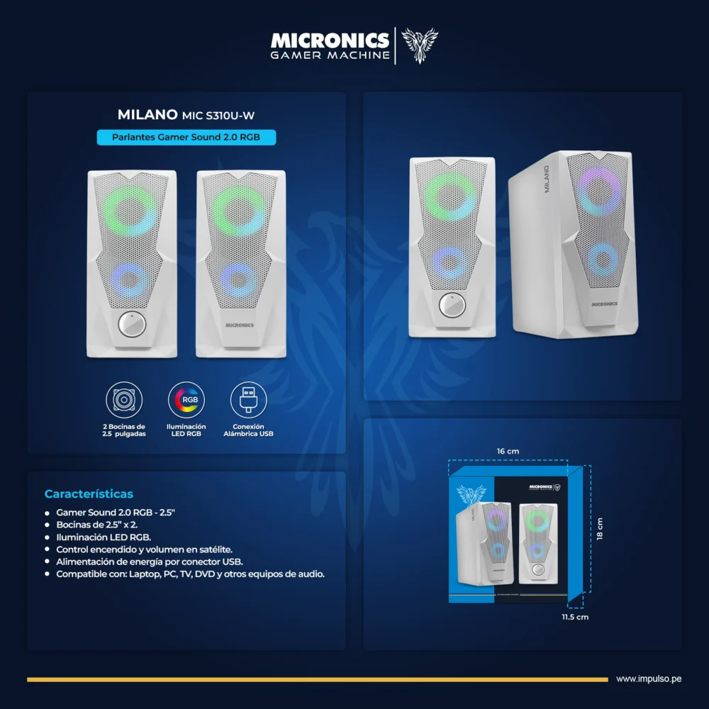 Parlantes Micronics Milano White MIC-5310UW 2.0 RGB USB 2.5" - Imagen 3