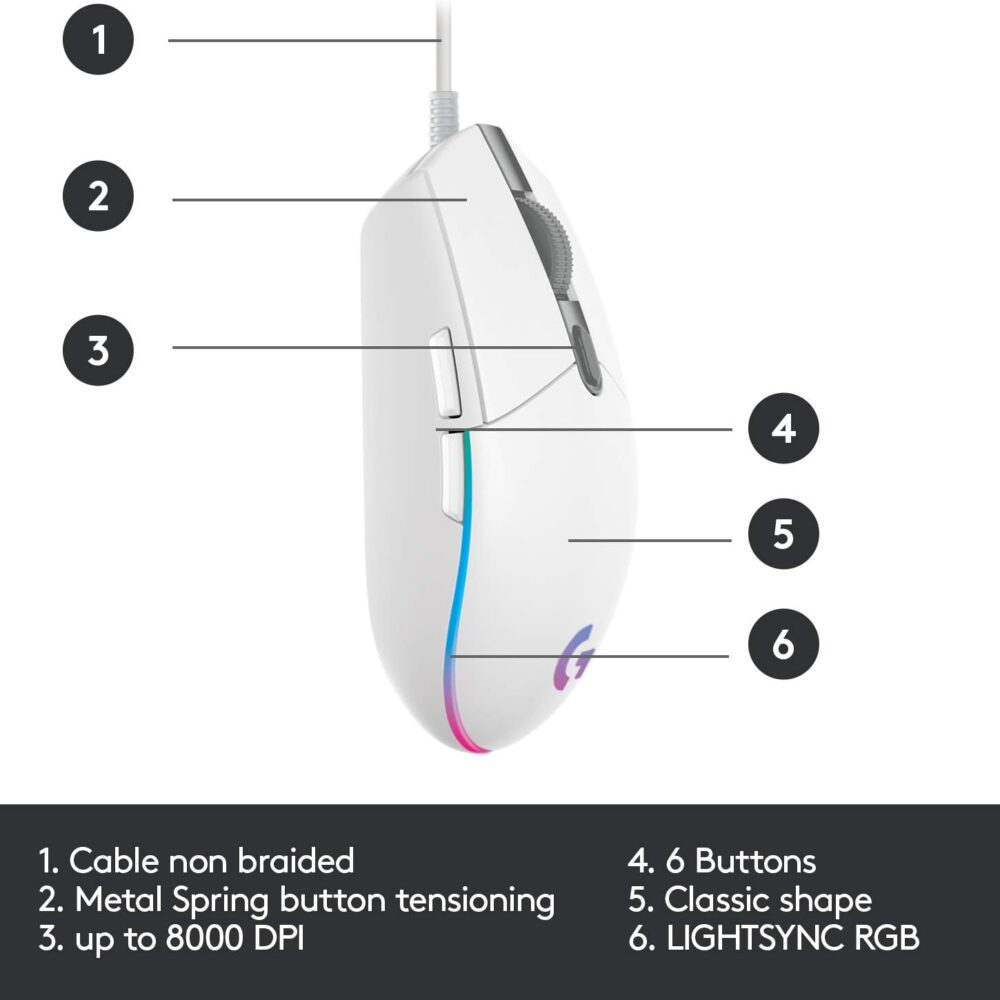 Mouse Logitech G203 Lightsync Optical 8000 Dpi Rgb White (910-005791) - Imagen 3