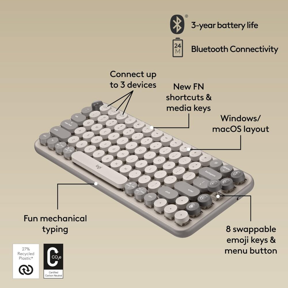 Teclado Logitech Pop Keys Multi-Device Wireless/Bt Mist Sand Gray (920-011518) - Imagen 3