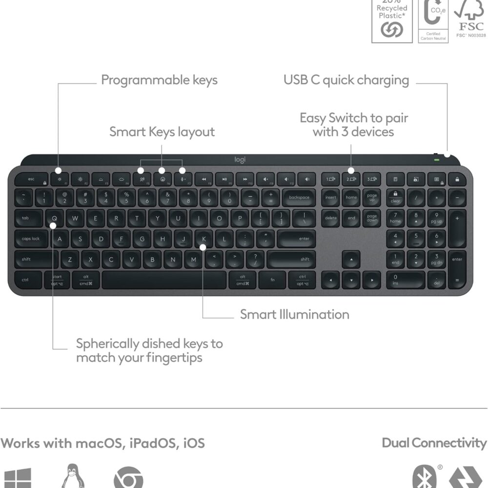 Teclado Logitech Mx keys S Illuminated Wireless / Bt Black Sp (920-011561) - Imagen 3
