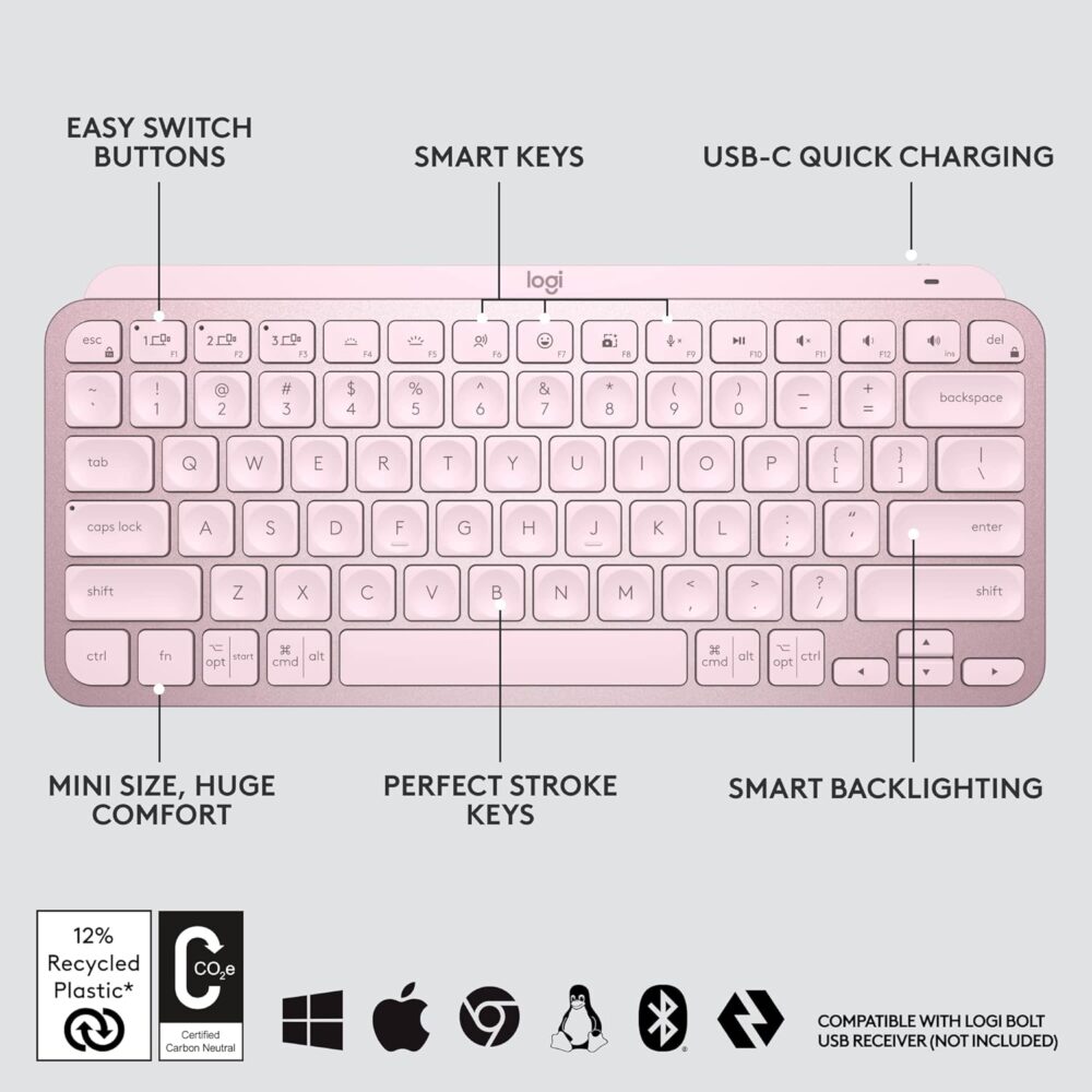 Teclado Logitech Mx Keys Mini Multi-Device Bt Iluminado Rose Sp (920-010478) - Imagen 3