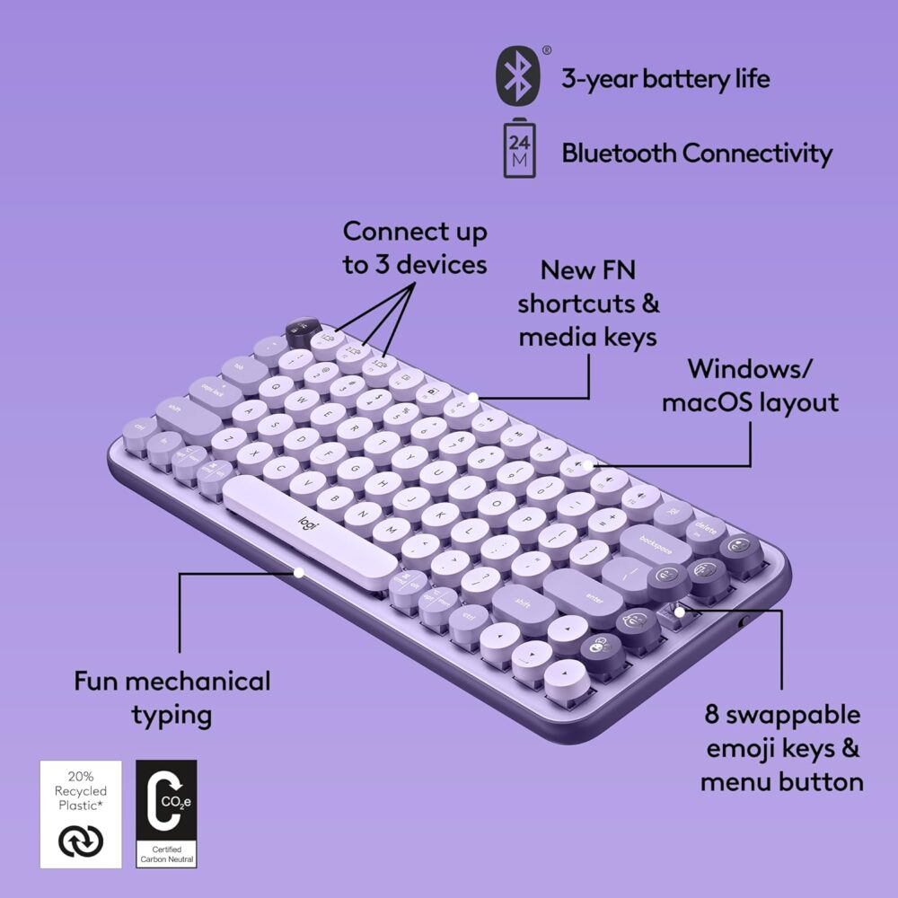 Teclado Logitech Pop Keys Multi-Device Wireless/Bt Cosmos Lavender Lilac (920-011519) - Imagen 4