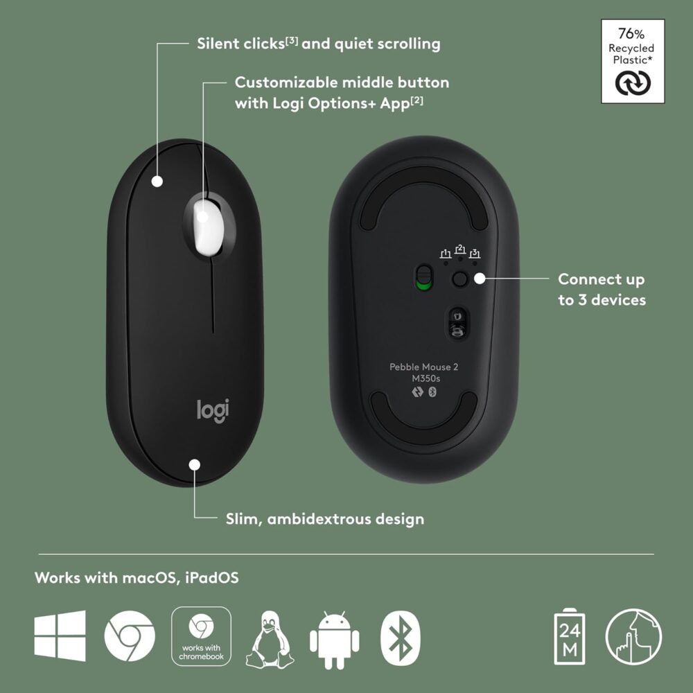 Mouse Logitech Pebble Mouse 2 M350s — Wireless Bluetooth / USB | Tonal Graphite (LAT) - Imagen 6