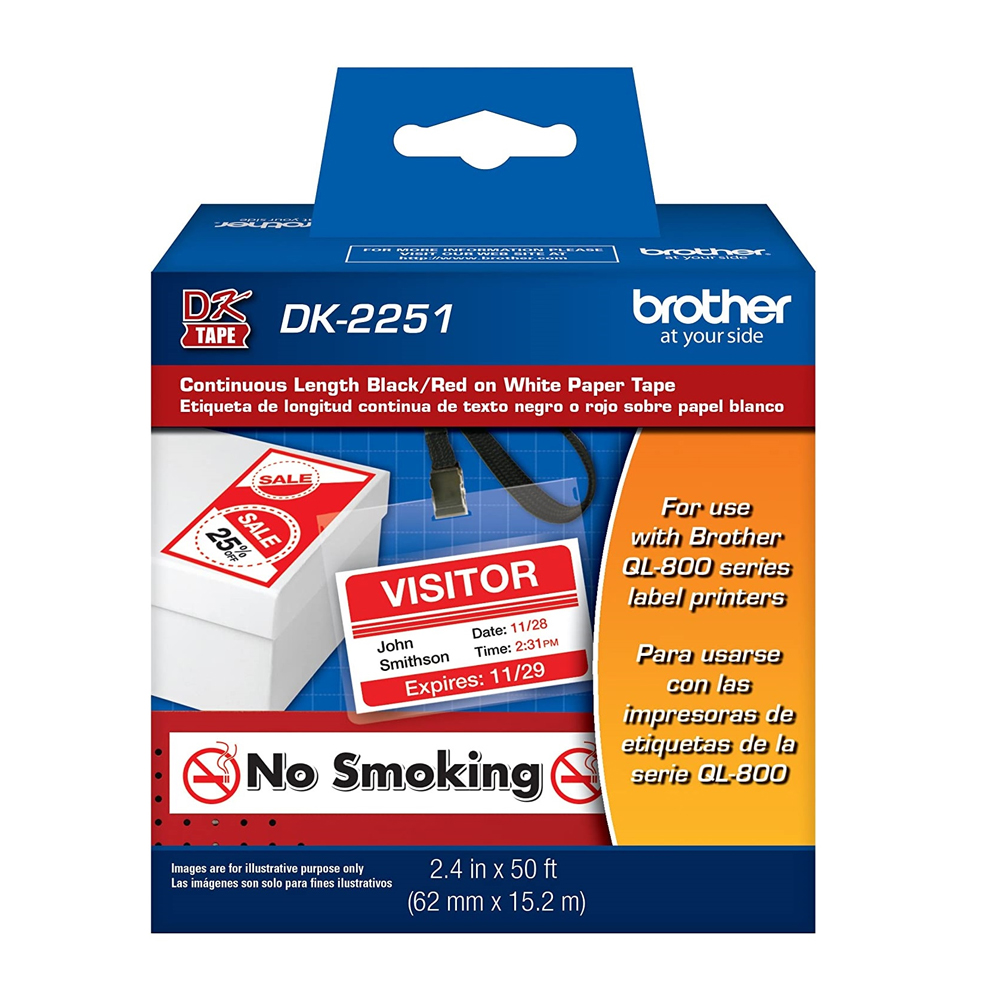 Rollo Continuo Brother Dk-2251 Fondo Blanco Letra Rojo/Negro 62Mm X 15.2M