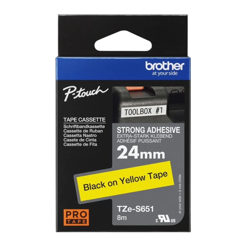 Brother TZe-S651 24mm x 8m Negro sobre Amarillo – Cinta Laminada Original de Alta Resistencia