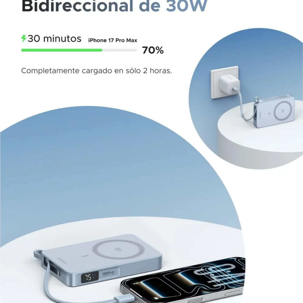 Power Bank UGREEN MagFlow 65958 10000mAh Qi2 25W Magnético USB-C 30W Sky Blue - Imagen 5