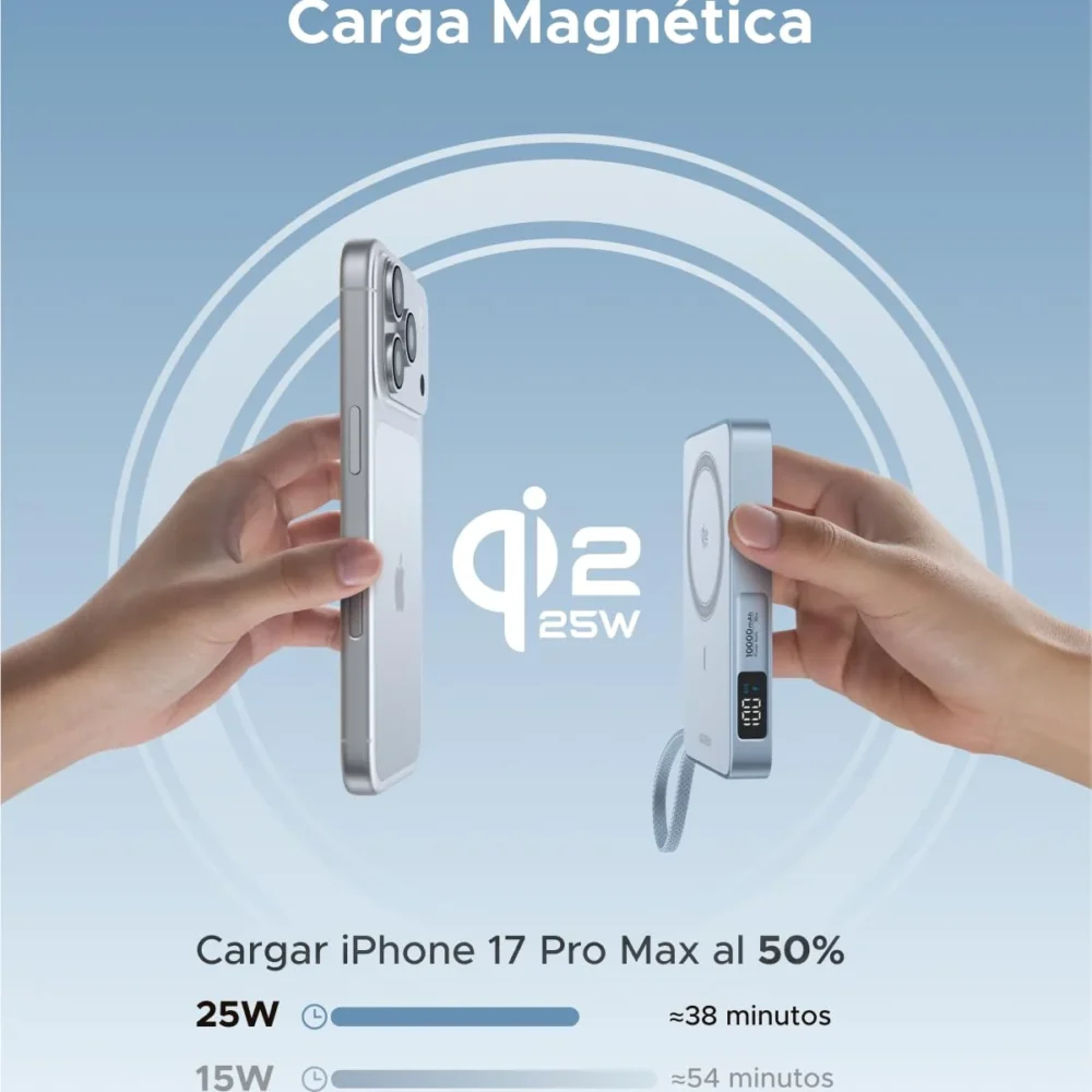 Power Bank UGREEN MagFlow 65958 10000mAh Qi2 25W Magnético USB-C 30W Sky Blue - Imagen 2