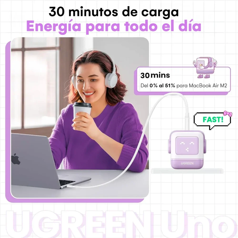 Cargador UGREEN Nexode RG CD361 GaN 65W 3 Puertos USB-C USB-A Purple - Imagen 9