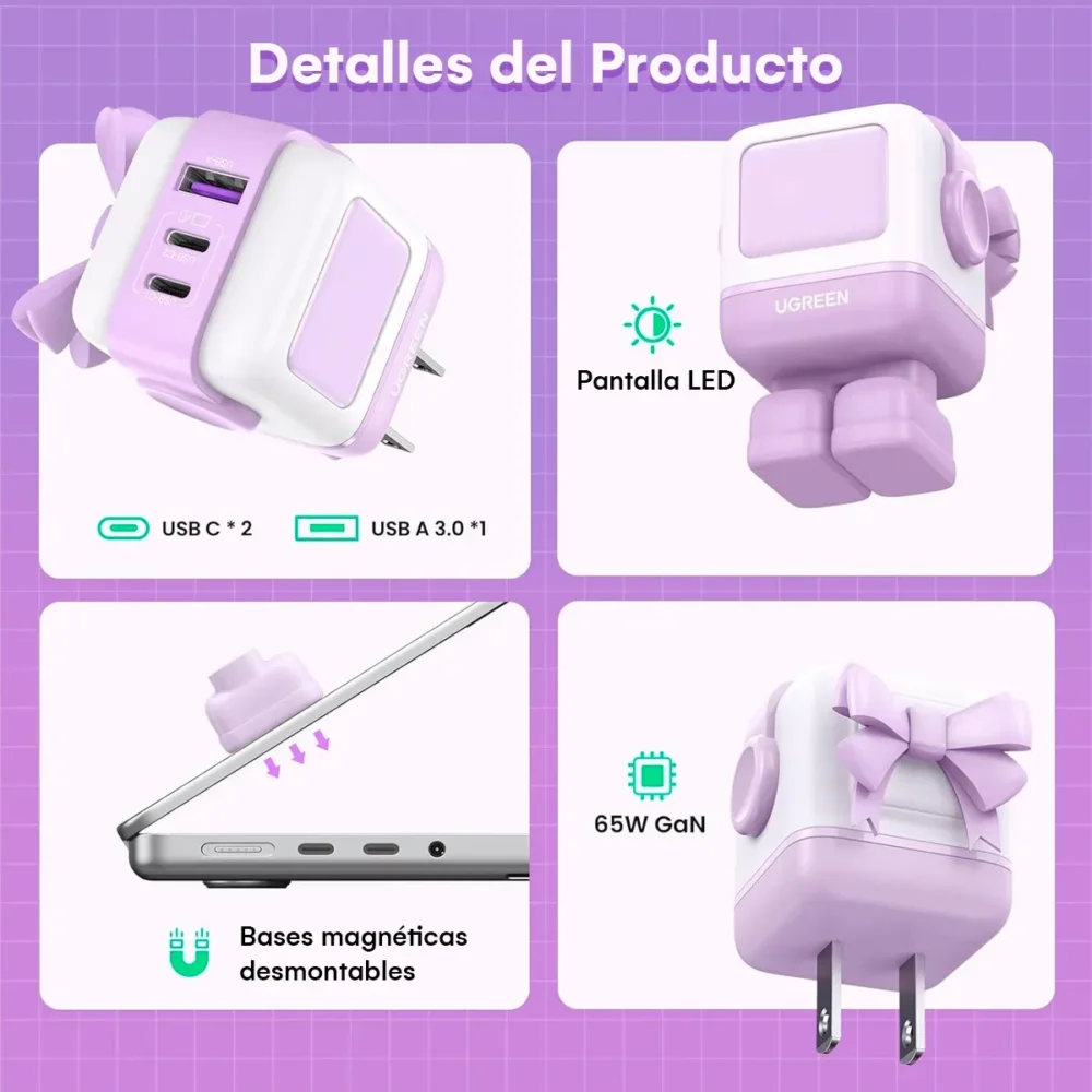 Cargador UGREEN Nexode RG CD361 GaN 65W 3 Puertos USB-C USB-A Purple - Imagen 10