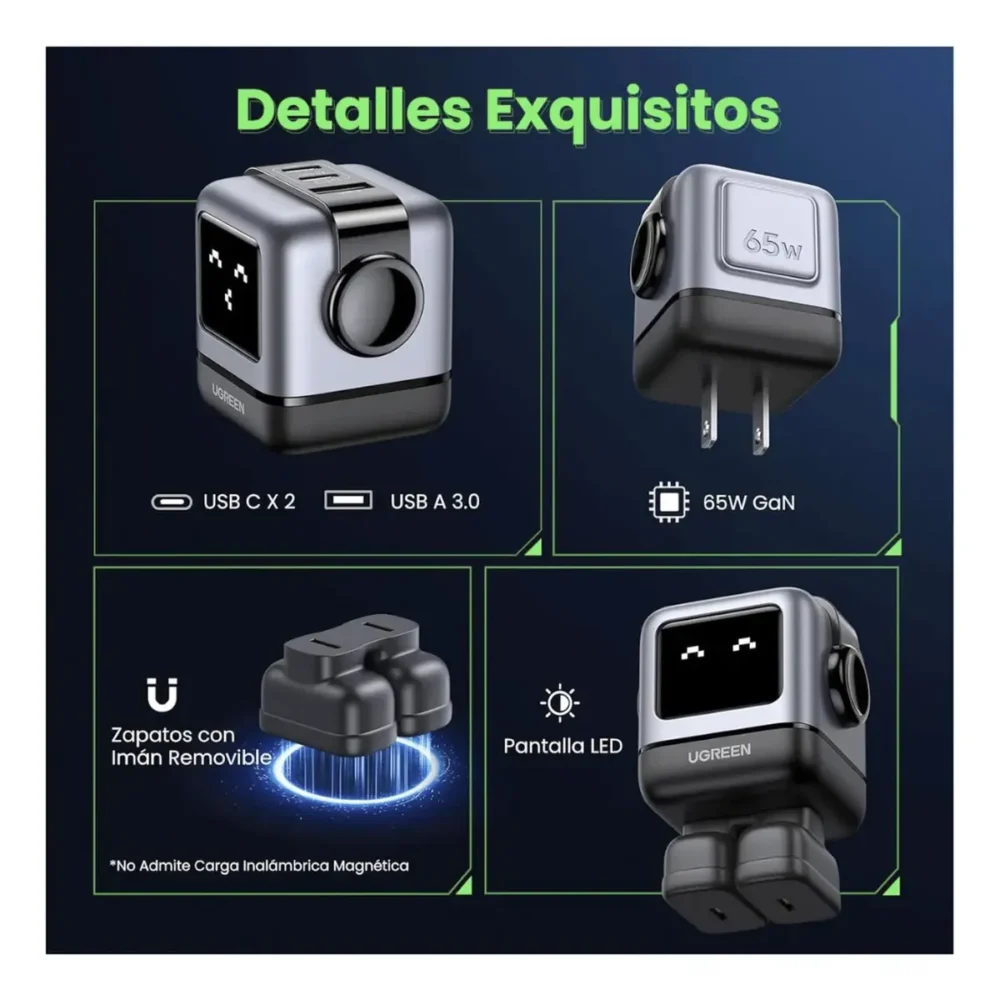 Cargador UGREEN Nexode Robot GaN 65W CD361 3 Puertos USB-C USB-A - Imagen 7