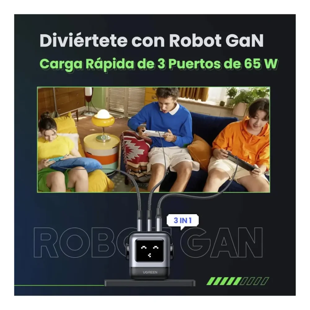 Cargador UGREEN Nexode Robot GaN 65W CD361 3 Puertos USB-C USB-A - Imagen 4