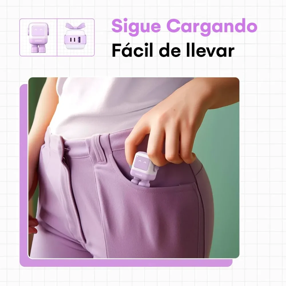 Cargador UGREEN Nexode RG CD361 GaN 65W 3 Puertos USB-C USB-A Purple - Imagen 4
